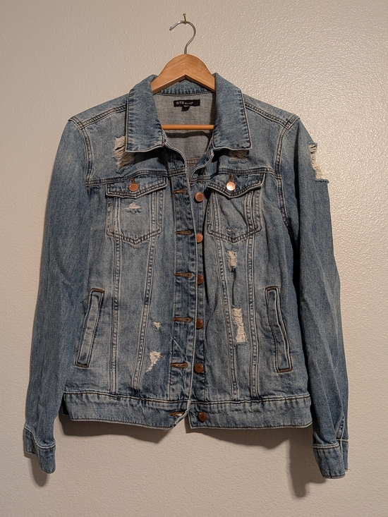 STS Blue Jackets & Blazers - Women's Distressed Blue Denim Trucker Jacket Light Wash Size M Ropped